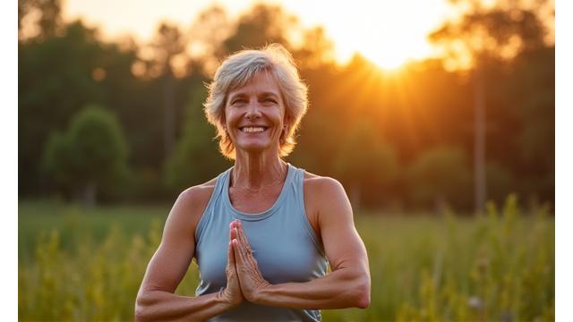 O femeie de vârstă mijlocie zâmbitoare practicând yoga în lumina dimineții, într-un mediu natural, cu o postură echilibrată, simbolizând fitness-ul adaptat vârstei.
