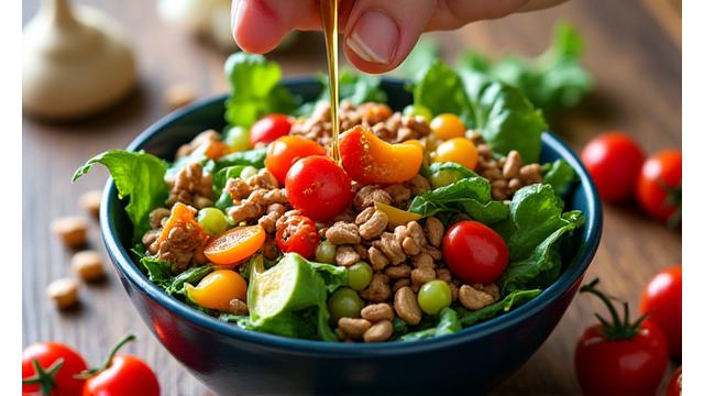 O salată vibrantă, plină de legume proaspete și nuci, pe o masă de lemn, cu o mână care adaugă ulei de măsline, simbolizând nutriția funcțională.