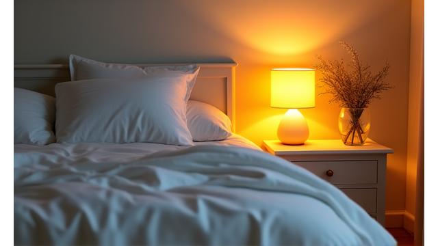 O cameră de dormitor modernă, minimalistă, cu lumină caldă, lenjerie de pat curată și o carte deschisă pe noptieră, creând o atmosferă liniștită, propice somnului și recuperării.
