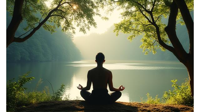 O persoană meditează calm într-o pădure liniștită, cu raze de lumină filtrând printre copaci și un lac cristalin în fundal, evocând relaxare și gestionarea stresului.