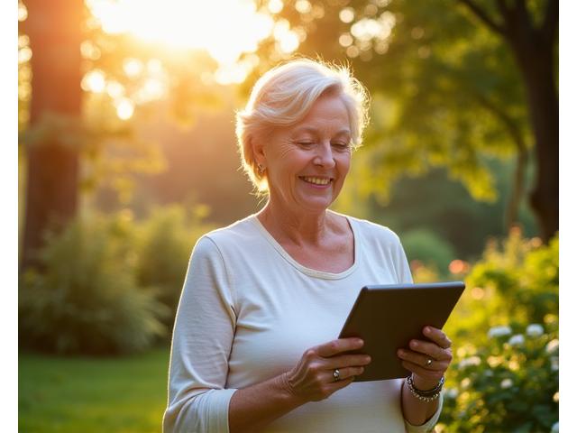 O femeie zâmbitoare de vârstă mijlocie citește o tabletă într-un parc însorit, cu un zâmbet senin și plante verzi în fundal, simbolizând wellness și pace.