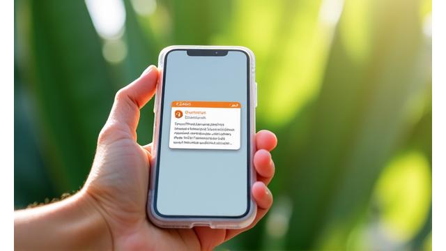 O mână ținând un smartphone cu ecranul luminiat, afișând o notificare de email cu un design minimalist și o plantă verde în fundal estompat, simbolizând conexiunea digitală la natură și sănătate.