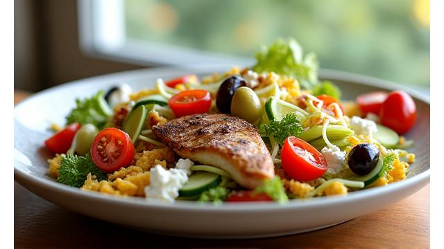 O farfurie cu mâncare mediteraneană colorată, bogată în legume, hummus și măsline.