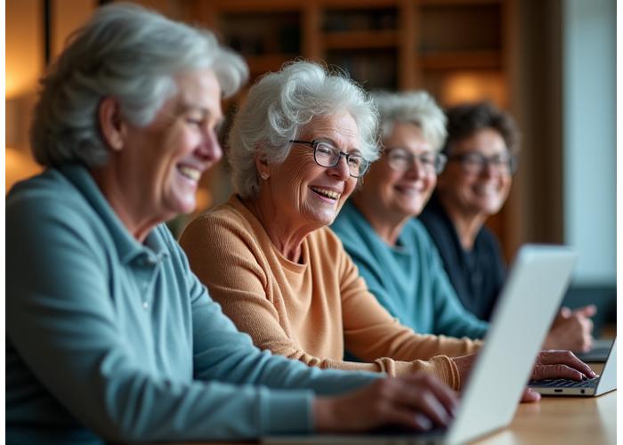 Un grup divers de oameni zâmbitori interacționând pe o platformă online, simbolizând o comunitate de suport activă