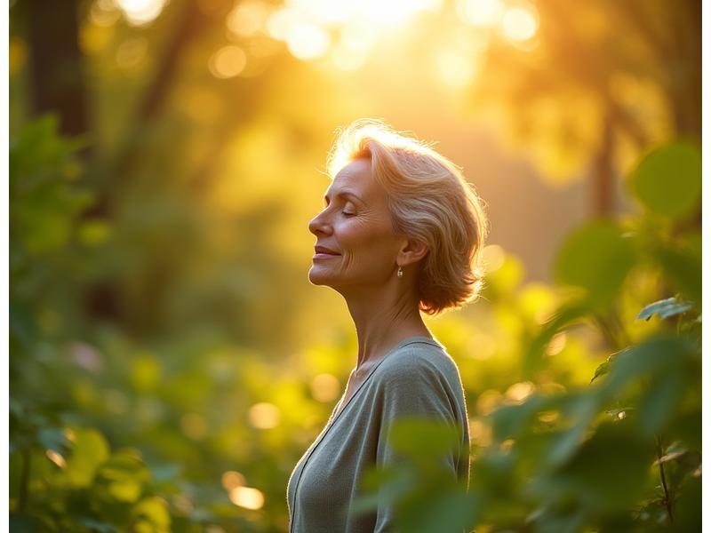O femeie zâmbitoare meditând într-o pădure luminoasă, cu razele soarelui filtrând prin copaci.