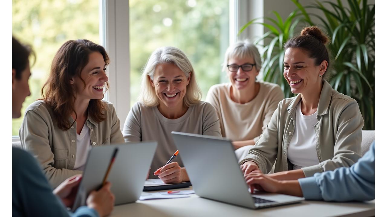 Grup de oameni senini participând la un atelier online interactiv, zâmbind și interacționând cu un ecran