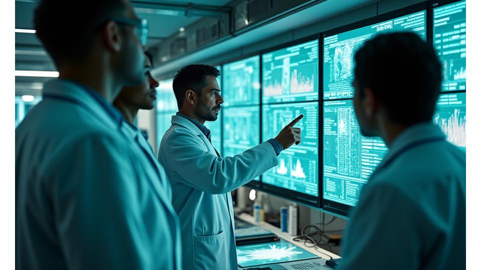 Cercetători analizând date medicale și studii științifice într-un laborator modern.
