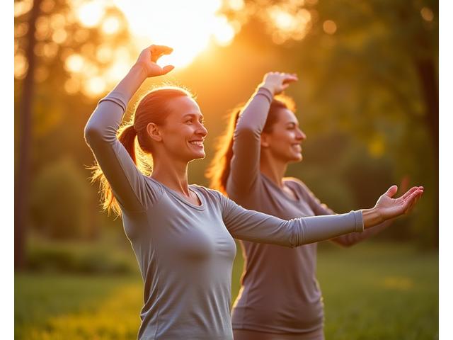Două femei de 40-50 de ani zâmbesc și fac exerciții ușoare în parc, în lumina soarelui de dimineață, înconjurate de verdeață, ilustrând fitness și mișcare într-un mod prietenos și relaxat.