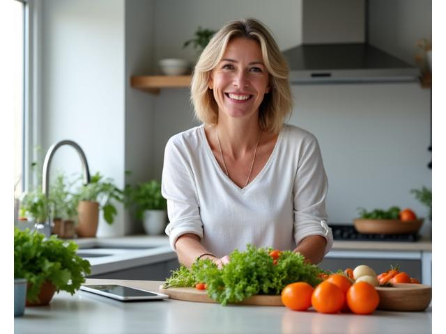 Femeie zâmbind, pregătind o salată proaspătă și colorată în bucătărie, cu un calculator deschis în fundal afișând rețete, simbolizând nutriția și planificarea meselor.