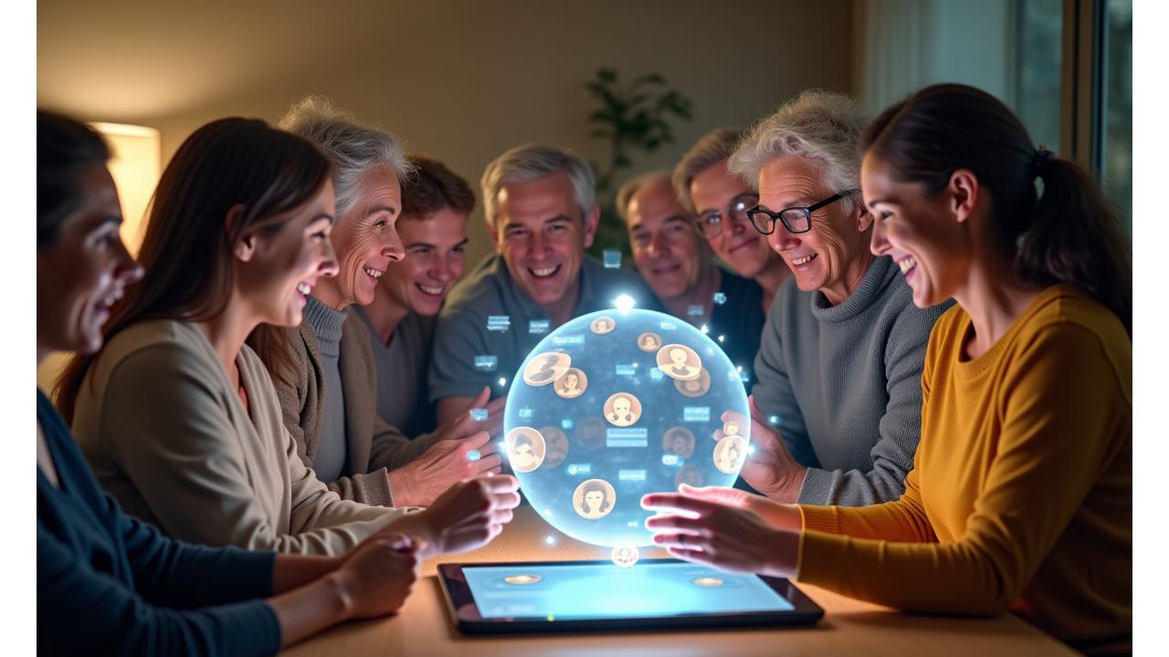 Orizont Sănătos Forum - O comunitate vibrantă de membri activi, unind oameni de diverse vârste și genuri care interacționează pe un forum digital, plin de bule de chat și iconițe de inimioare pentru like-uri, simbolizând suport și feedback.