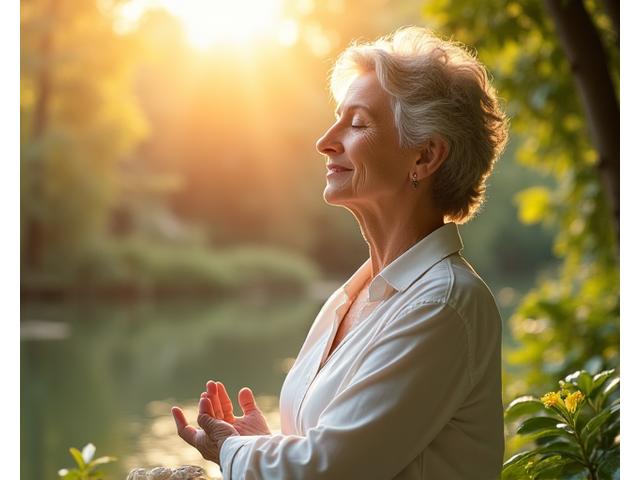 O femeie matură, calmă, practicând meditația într-un cadru liniștit, natural, cu ochii închiși și zâmbet subtil, simbolizând managementul stresului și bunăstarea mentală.