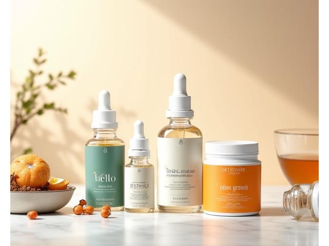 O varietate de recipiente cu suplimente alimentare și produse de wellness, așezate ordonat pe o masă modernă, cu o lumină naturală blândă, evidențiind diversitatea și calitatea.