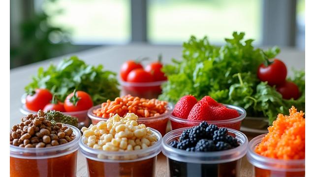 Masă pregătită cu legume proaspete, fructe și cereale integrale
