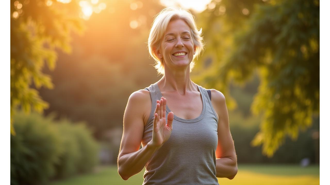 Femeie zâmbitoare de 40 de ani făcând yoga în natură, simbolizând echilibrul și bunăstarea