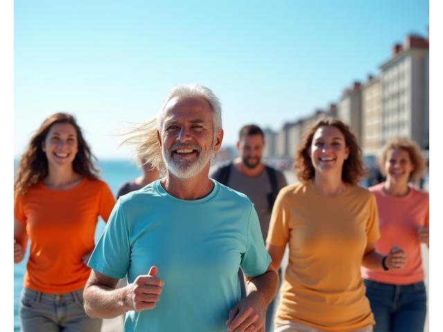 Grup de adulți zâmbitori participând la o activitate în aer liber în Constanța, cu Marea Neagră în fundal.