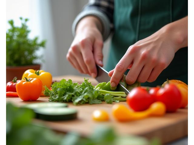 Mână tăind legume proaspete pe o masă de bucătărie, reprezentând explorarea nutriției