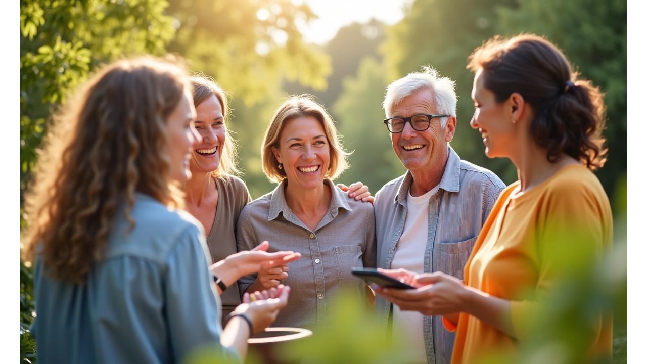 Grup de oameni zâmbind și interacționând într-un cadru natural, reprezentând comunitatea Orizont Sănătos