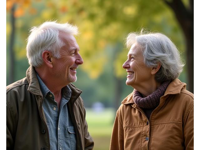 Două persoane de vârste diferite discutând zâmbind într-un parc, simbolizând un program de mentoring