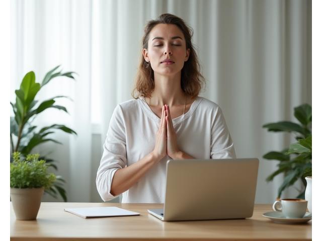 Persoană meditând la birou lângă un laptop și plante, simbolizând echilibrul muncă-viață