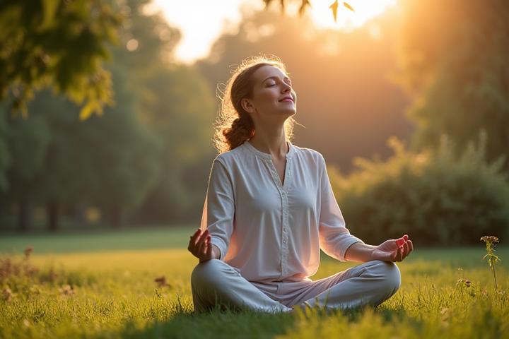 Femeie în vârstă de 40-50 de ani meditând liniștit într-un decor natural, arătând calm și echilibru.