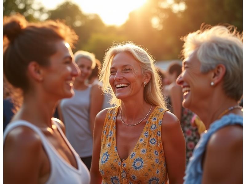 Grup divers de adulți zâmbitori, de la 35+ la 60+ ani, socializând și râzând împreună, exemplificând o comunitate fericită și activă din Constanța.