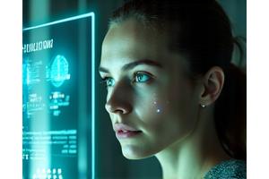 O persoană conectată la monitoare de performanță, într-un mediu futuristic, optimizând biometria.