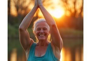 O femeie în vârstă, vibrantă, face yoga la răsăritul soarelui, simbolizând longevitatea activă.
