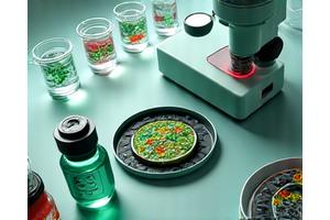 Cercetător analizând date medicale la microscop într-un laborator steril.