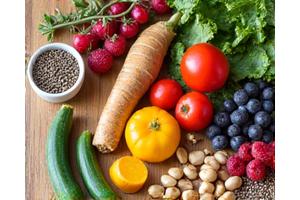 Ingrediente proaspete, colorate, aranjate artistic pe o masă de lemn, simbolizând nutriția sănătoasă.