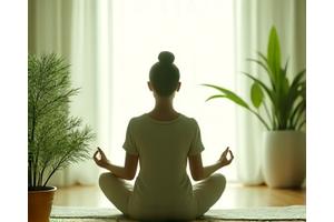 Persoană meditând într-un spațiu calm, cu elemente naturale și lumină difuză.