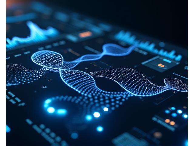 O interfață de bord futuristă afișând date medicale complexe, grafice de performanță și informații genetice, luminată subtil