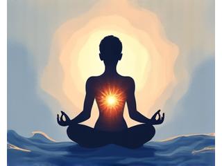 Silueta stilizată a unei persoane meditând, cu valuri de respirație vizualizate în jurul capului