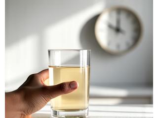 O mână care ține un pahar de apă lângă un ceas de perete, simbolizând postul intermitent