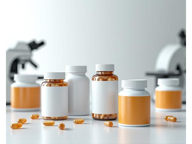O mulțime de sticluțe de suplimente aranjate ordonat, etichete curate, pe un fundal medical stilizat