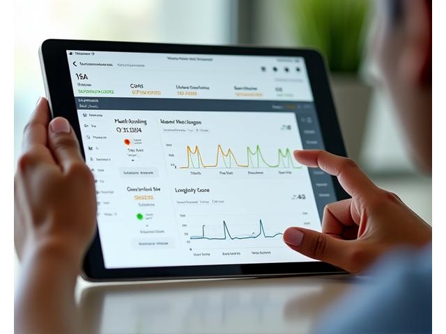 Interfață de tracking complexă pe un ecran, afișând grafice, măsurători biometrice și tendințe de sănătate