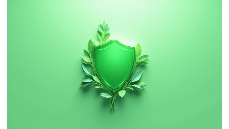 Un scut digital stilizat cu frunze verzi pe fundal, simbolizând protecția datelor și confidențialitatea online.