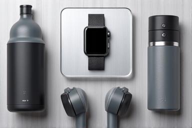 Ceas inteligent, monitor de activitate și alte gadgeturi wellness pe o masă modernă.