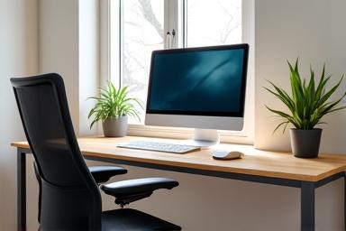Scaun ergonomic, birou reglabil și accesorii pentru biroul de acasă, într-un mediu luminos.