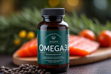 Flacon elegant de supliment cu Omega-3 pe o suprafață de lemn, cu fructe de mare în fundal.