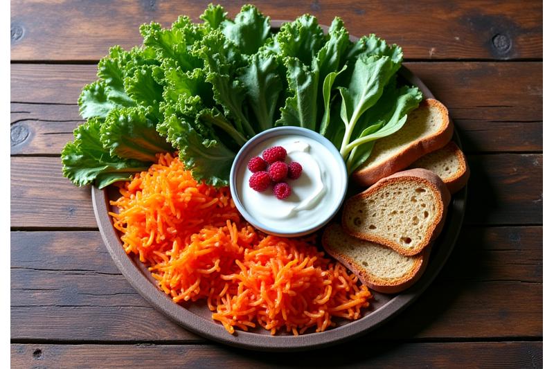 O farfurie vibrantă plină de alimente prebiotice și probiotice: legume fermentate, fructe de pădure, legume cu frunze verzi, orez integral, frumos aranjate pe o masă din lemn.