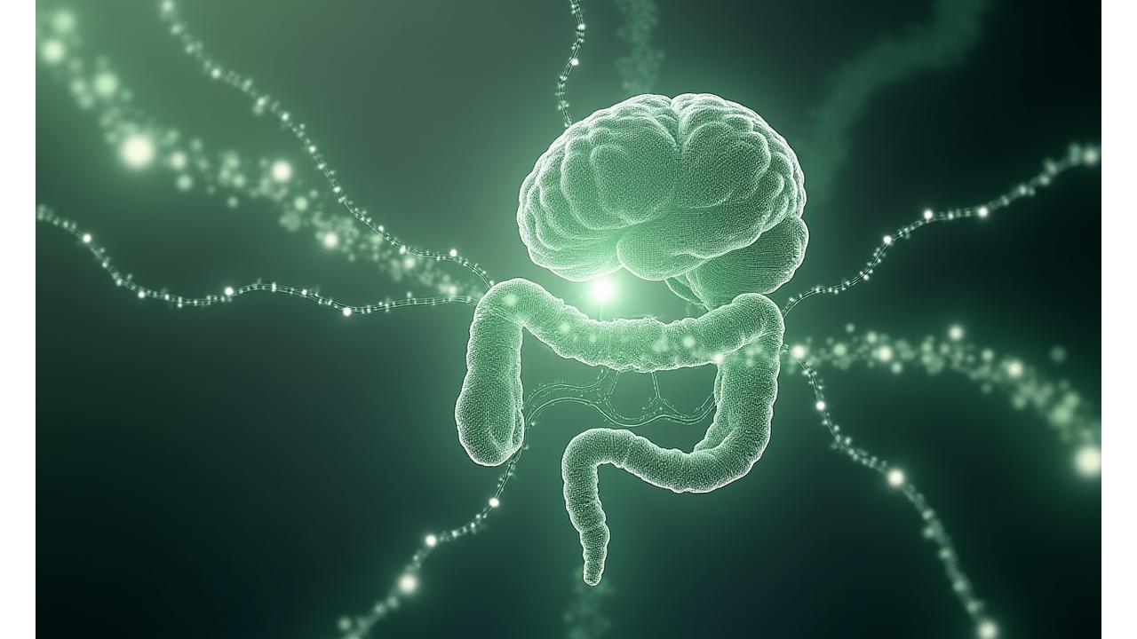 Ilustrație complexă a conexiunii intestin-creier, cu reprezentări subtile ale bacteriilor benefice și neuronilor interconectați.