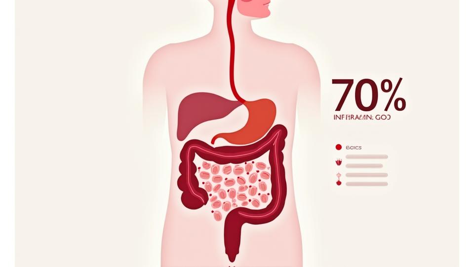 Ilustrație care arată sistemul imunitar concentrat în jurul intestinului, cu celule imunitare active și un scut protector metaforic. Text: '70% din imunitate începe în intestin'.
