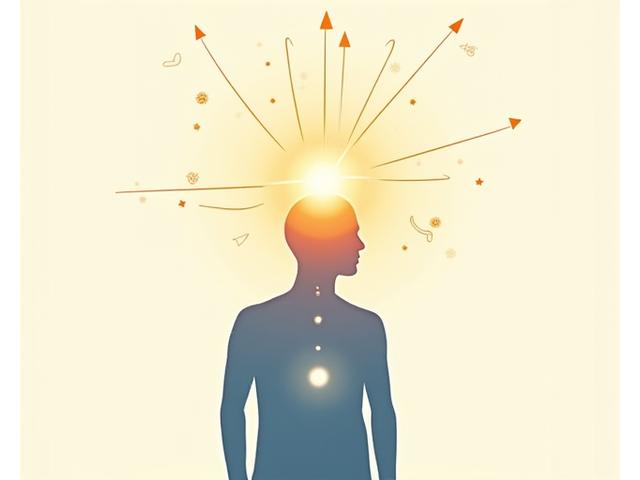 Un grafic simplificat care arată o îmbunătățire a clarității mentale și a dispoziției după un protocol de vindecare intestinală, cu o siluetă luminoasă a unui om fericit în prim plan.