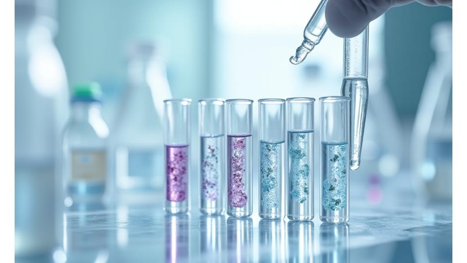 O imagine curată, sterilă, cu eprubete și alte instrumente de laborator, sugerând o testare precisă a microbiomului. Culorile dominante sunt alb, verde mentă și accente aurii.