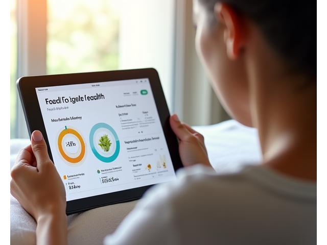 O persoană studiază un grafic personalizat de sănătate pe o tabletă, cu simboluri de alimente sănătoase și activitate fizică, într-un mediu luminos și calm.