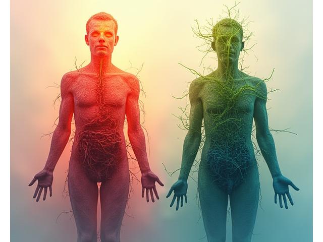 Ilustrație subtilă a impactului stresului asupra sănătății intestinale, cu o persoană care meditează ușor, în timp ce în fundal, o reprezentare abstractă a intestinului pare mai echilibrată.