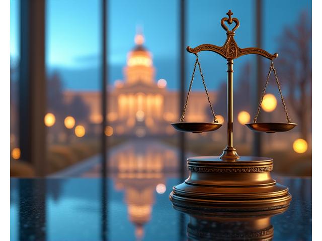 Clădire stilizată a unei Curți de Justiție, cu o balanță a justiției și drapelul României, simbolizând conformitatea legală și jurisdicția locală.