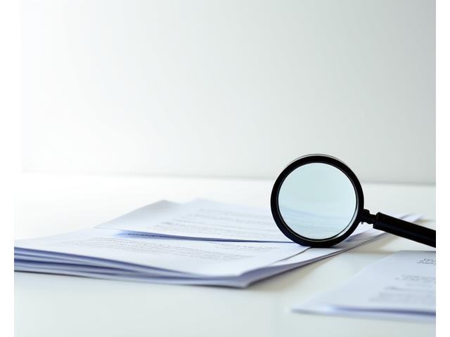 Documente legale clare, pliate estetic, cu o lupă deasupra, simbolizând transparența juridică și analiză atentă.